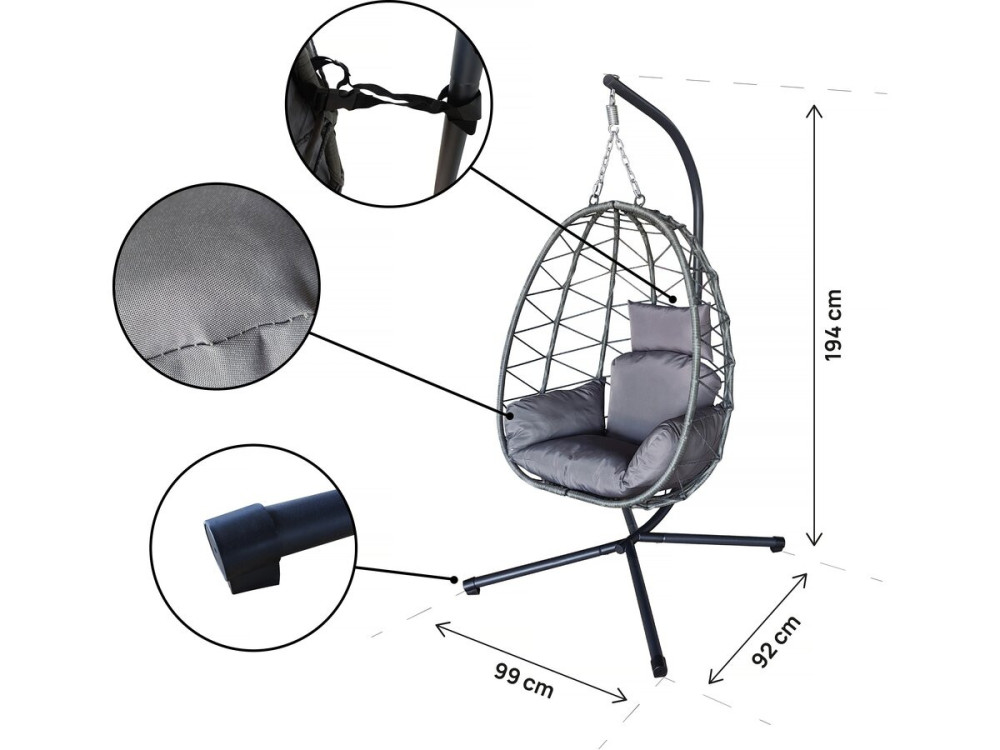 Rattan Hänge-Ei-Sessel "Cosi" - 99 x 92 x 194 cm - Grau