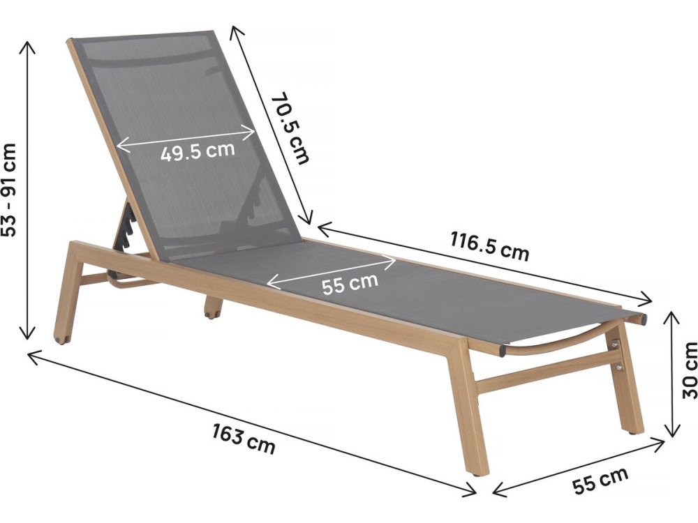 Sonnenliege „Elysia“ aus Aluminium in Holzoptik – Grau