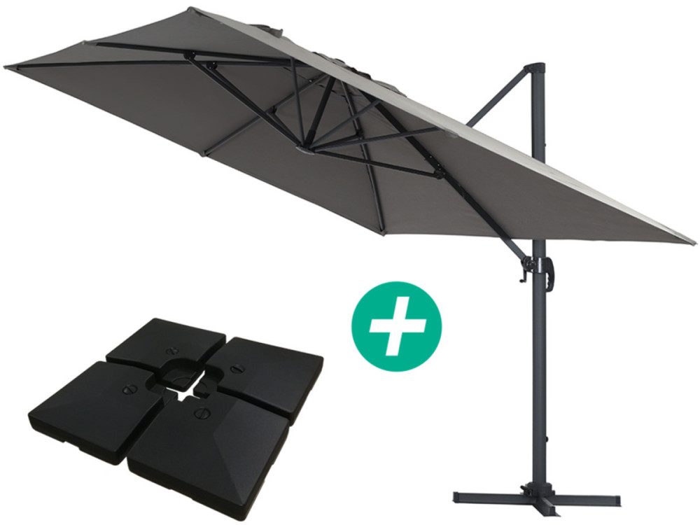 Ampelschirm aus Alu "Sun 4" - Rechteckig - 3 x 4 m - Grau - Platten zur Beschwerung inbegriffen