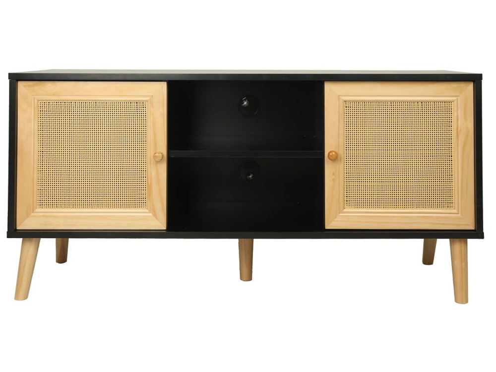 Skandinavisches TV-Möbel mit Rohrgeflecht "Iguane" - 120 x 30 x 56,5 cm - Schwarz