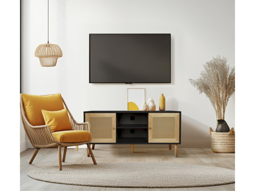 Skandinavisches TV-Möbel mit Rohrgeflecht "Iguane" - 120 x 30 x 56,5 cm - Schwarz