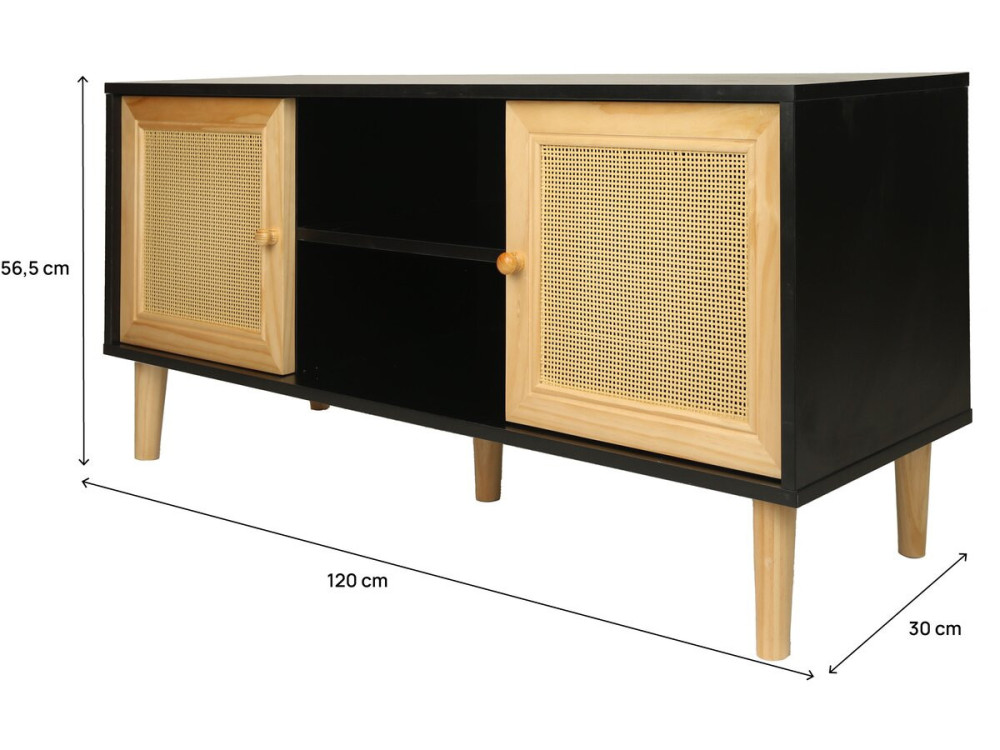 Skandinavisches TV-Möbel mit Rohrgeflecht "Iguane" - 120 x 30 x 56,5 cm - Schwarz