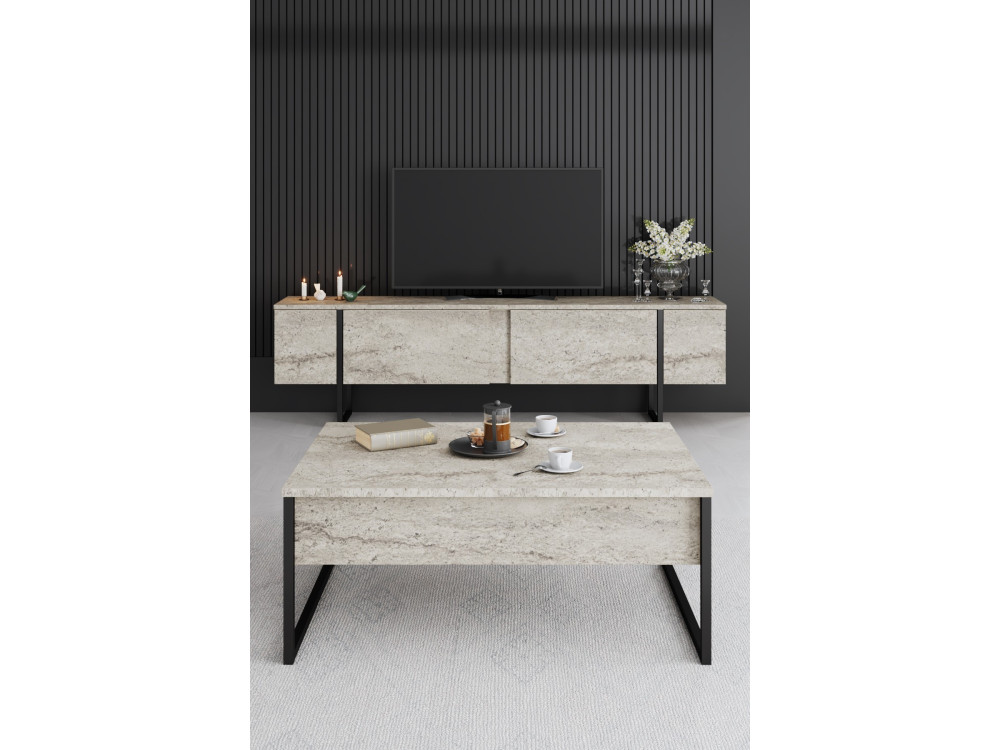 TV-Möbel aus Holz "Luxe" - 180 x 30 x 50 cm - TravertinSchwarz