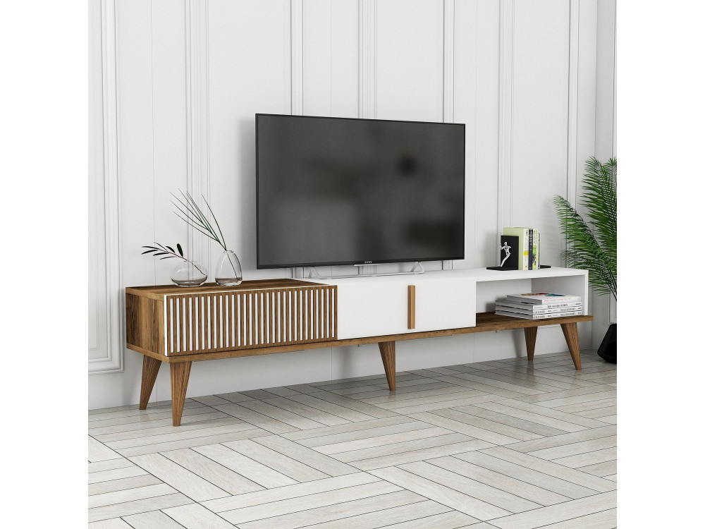 TV-Möbel aus Holz "Milan" - 180 x 35 x 40 cm - Nussbaum, Weiß