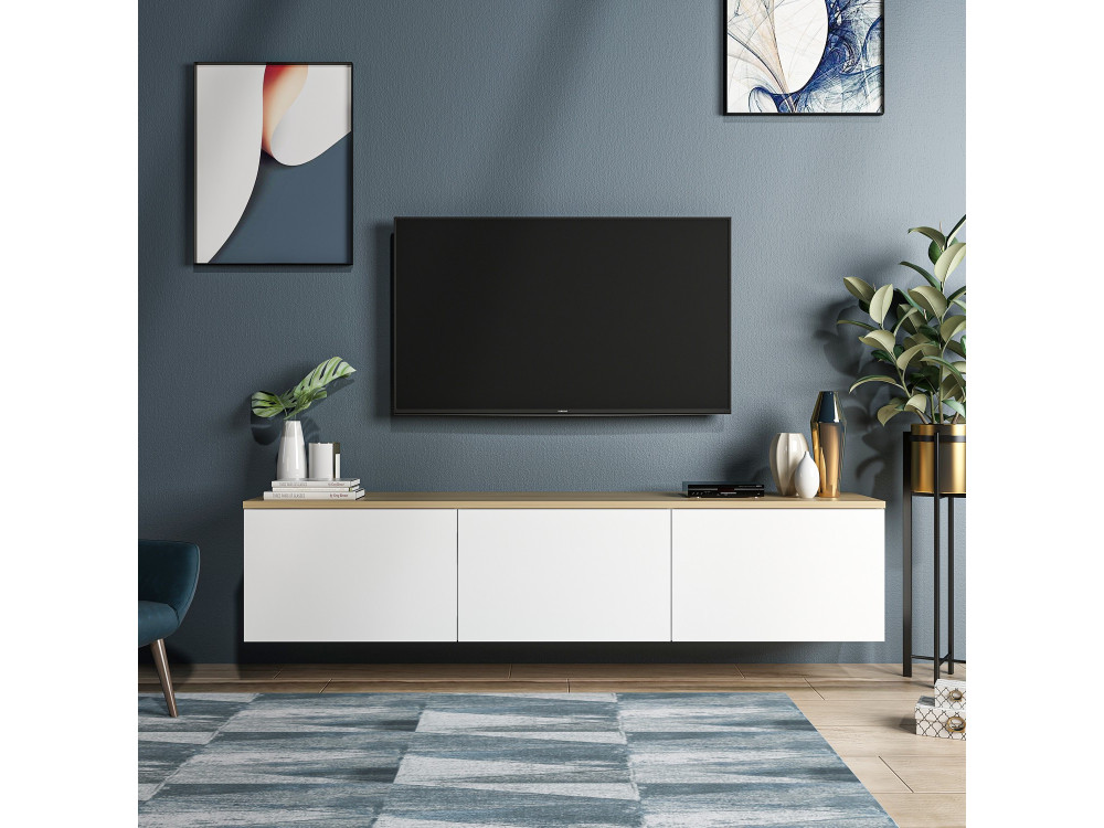 TV-Möbel aus Holz "Neon" - 160 x 32 x 35 cm - Weiße Eiche