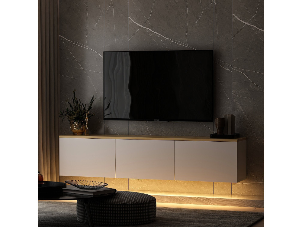 Hänge-TV-Möbel aus Holz mit LED-Beleuchtung "Neon" - 160 x 32 x 35 cm - Weiß
