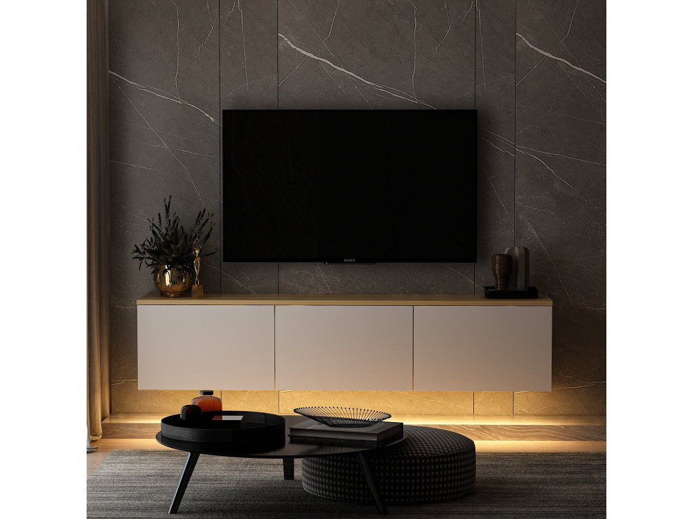 Hänge-TV-Möbel aus Holz mit LED-Beleuchtung "Neon" - 160 x 32 x 35 cm - Weiß