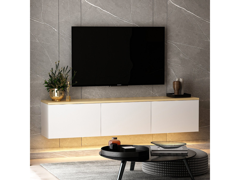 Hänge-TV-Möbel aus Holz mit LED-Beleuchtung "Neon" - 160 x 32 x 35 cm - Weiß