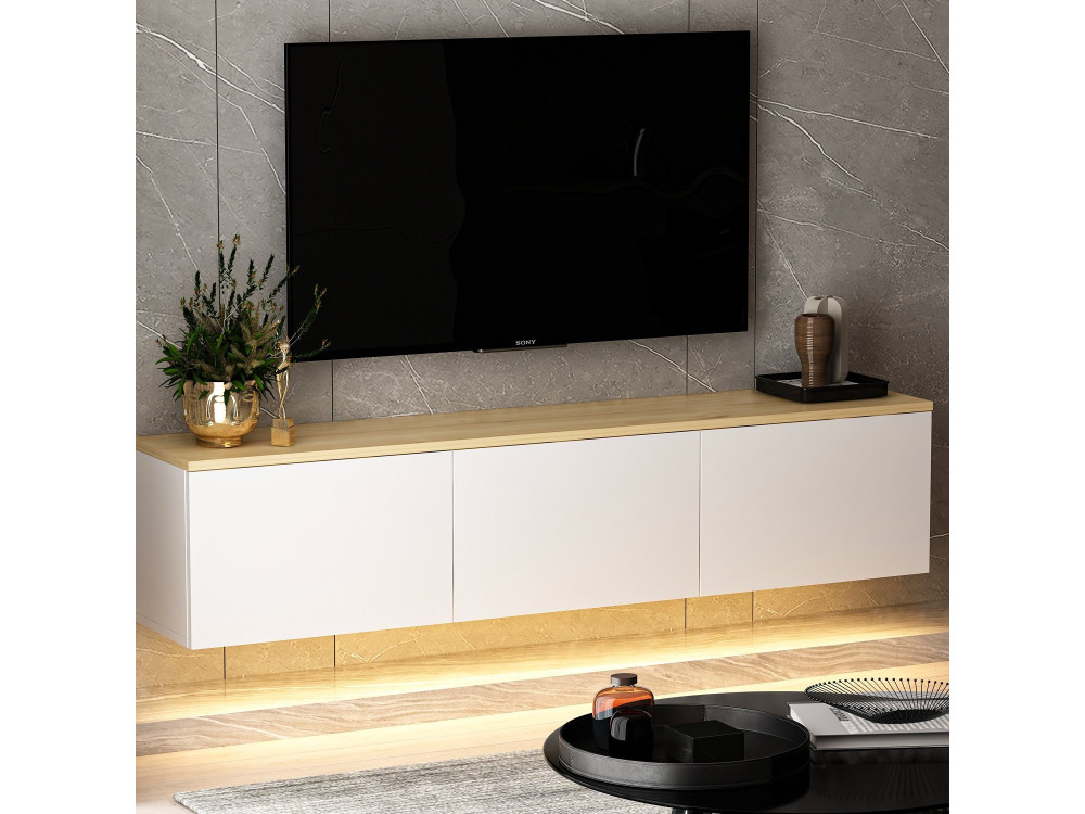 Hänge-TV-Möbel aus Holz mit LED-Beleuchtung "Neon" - 160 x 32 x 35 cm - Weiß