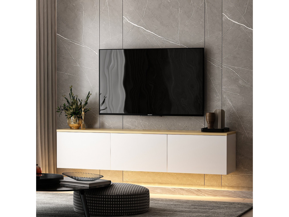 Hänge-TV-Möbel aus Holz mit LED-Beleuchtung "Neon" - 160 x 32 x 35 cm - Weiß