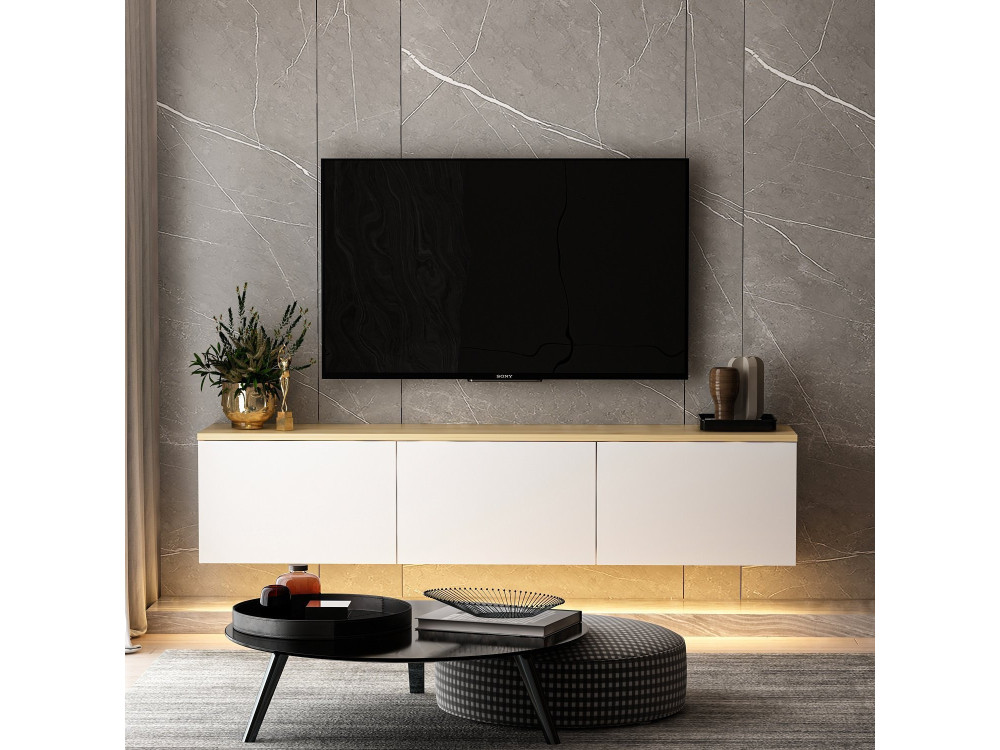 Hänge-TV-Möbel aus Holz mit LED-Beleuchtung "Neon" - 160 x 32 x 35 cm - Weiß