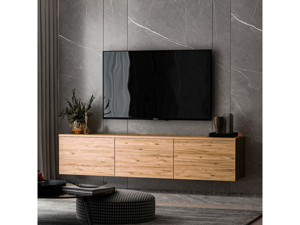 Hänge-TV-Möbel aus Holz mit LED-Beleuchtung "Neon" - 160 x 32 x 35 cm - Hellbraun