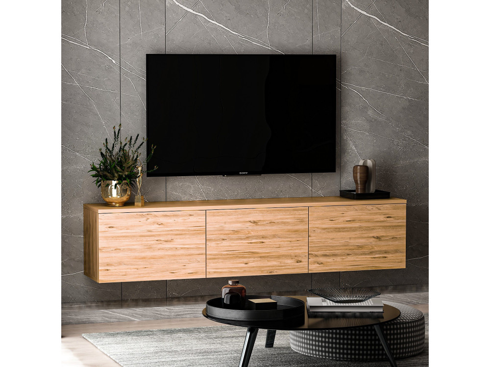 Hänge-TV-Möbel aus Holz mit LED-Beleuchtung "Neon" - 160 x 32 x 35 cm - Hellbraun