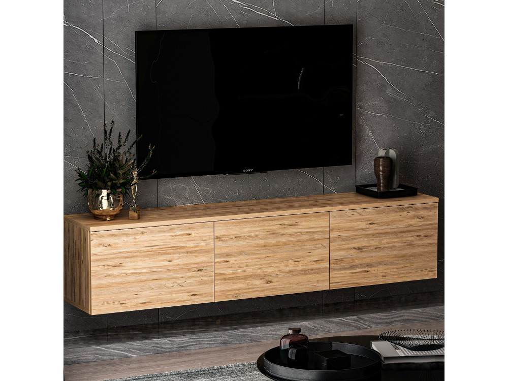 Hänge-TV-Möbel aus Holz mit LED-Beleuchtung "Neon" - 160 x 32 x 35 cm - Hellbraun
