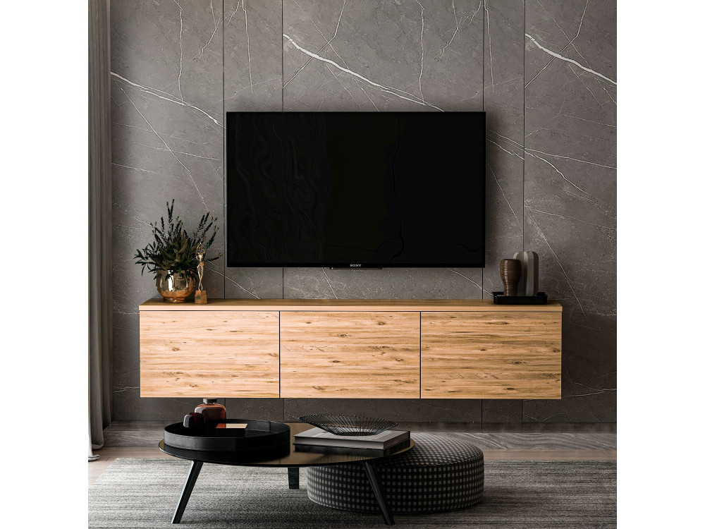 Hänge-TV-Möbel aus Holz mit LED-Beleuchtung "Neon" - 160 x 32 x 35 cm - Hellbraun