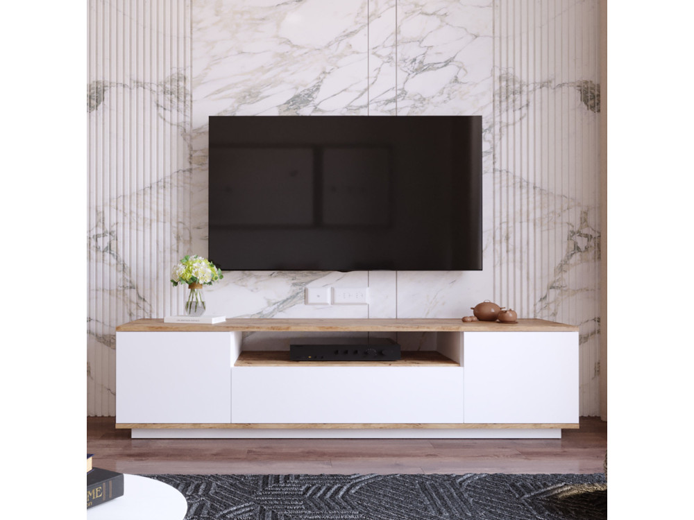 TV-Ständer „FR7“ aus Holz – 180 x 44 x 44 cm – Weiße atlantische Kiefer
