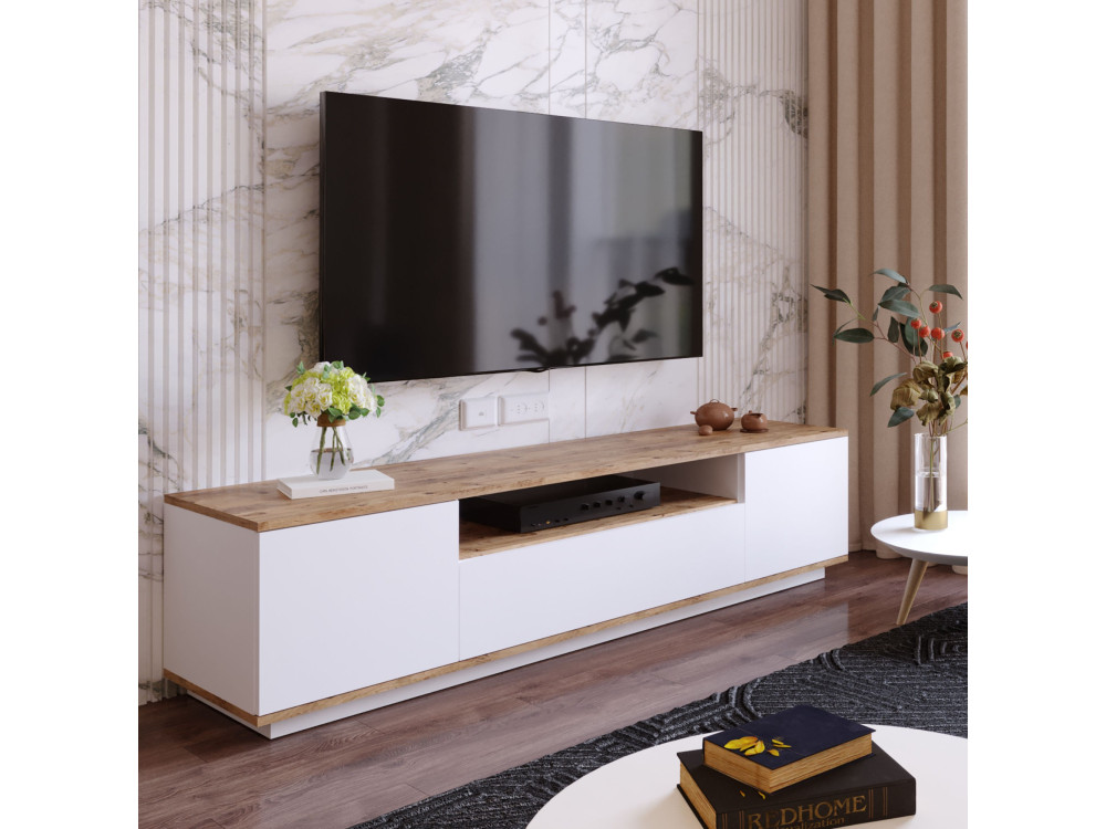 TV-Ständer „FR7“ aus Holz – 180 x 44 x 44 cm – Weiße atlantische Kiefer