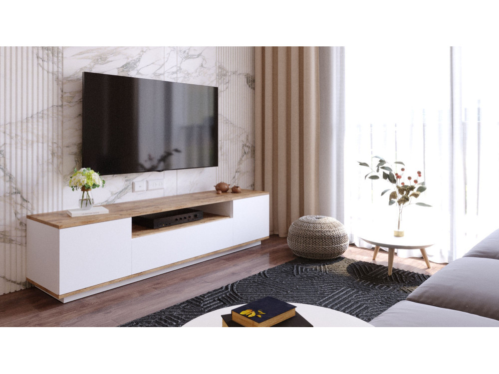 TV-Ständer „FR7“ aus Holz – 180 x 44 x 44 cm – Weiße atlantische Kiefer