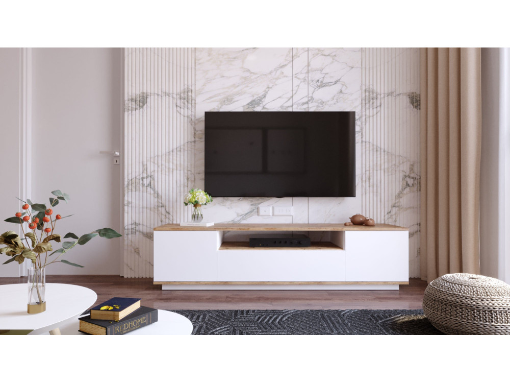 TV-Ständer „FR7“ aus Holz – 180 x 44 x 44 cm – Weiße atlantische Kiefer