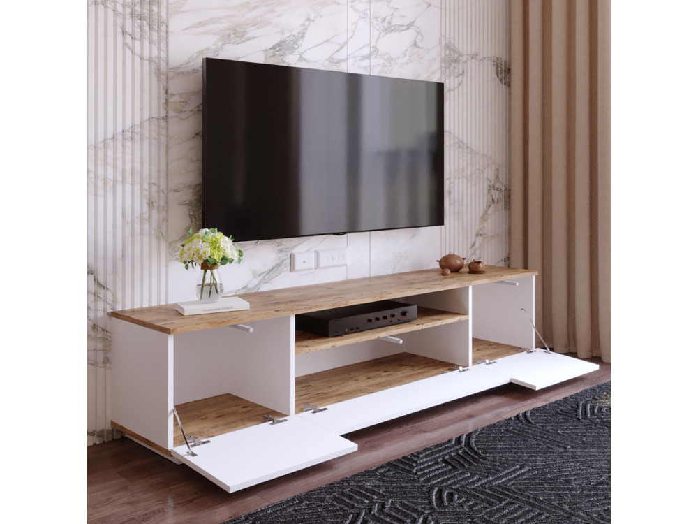 TV-Ständer „FR7“ aus Holz – 180 x 44 x 44 cm – Weiße atlantische Kiefer