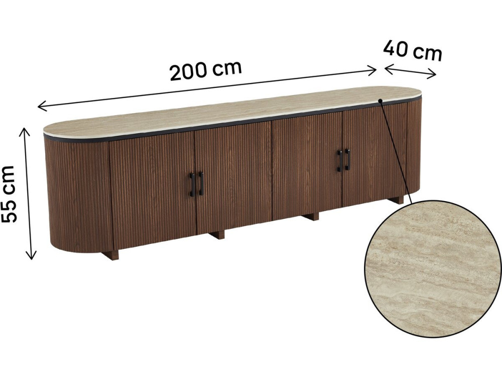 Ovales TV-Möbel aus Holz und Keramik "Portofino" - 200 x 40 x 55 cm - Braun