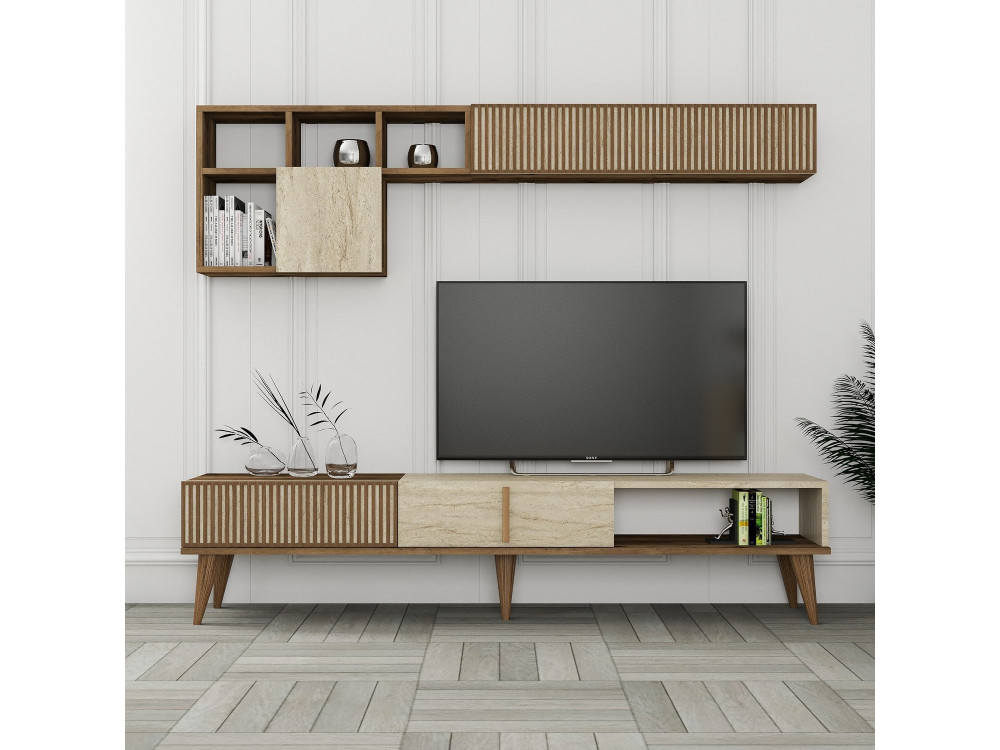 TV-Möbel aus Holz "Milan" - 180 x 35 x 40 cm - Nussbaum, Travertin