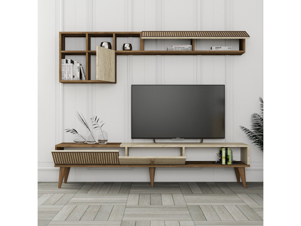 TV-Möbel aus Holz "Milan" - 180 x 35 x 40 cm - Nussbaum, Travertin