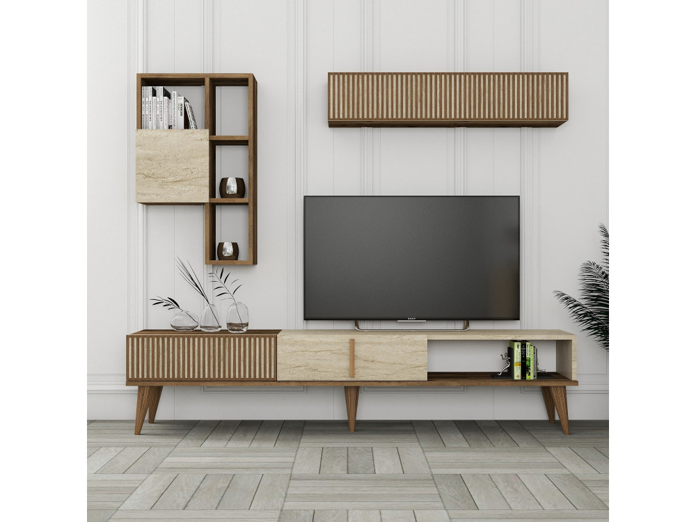 TV-Möbel aus Holz "Milan" - 180 x 35 x 40 cm - Nussbaum, Travertin