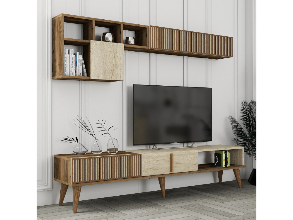 TV-Möbel aus Holz "Milan" - 180 x 35 x 40 cm - Nussbaum, Travertin
