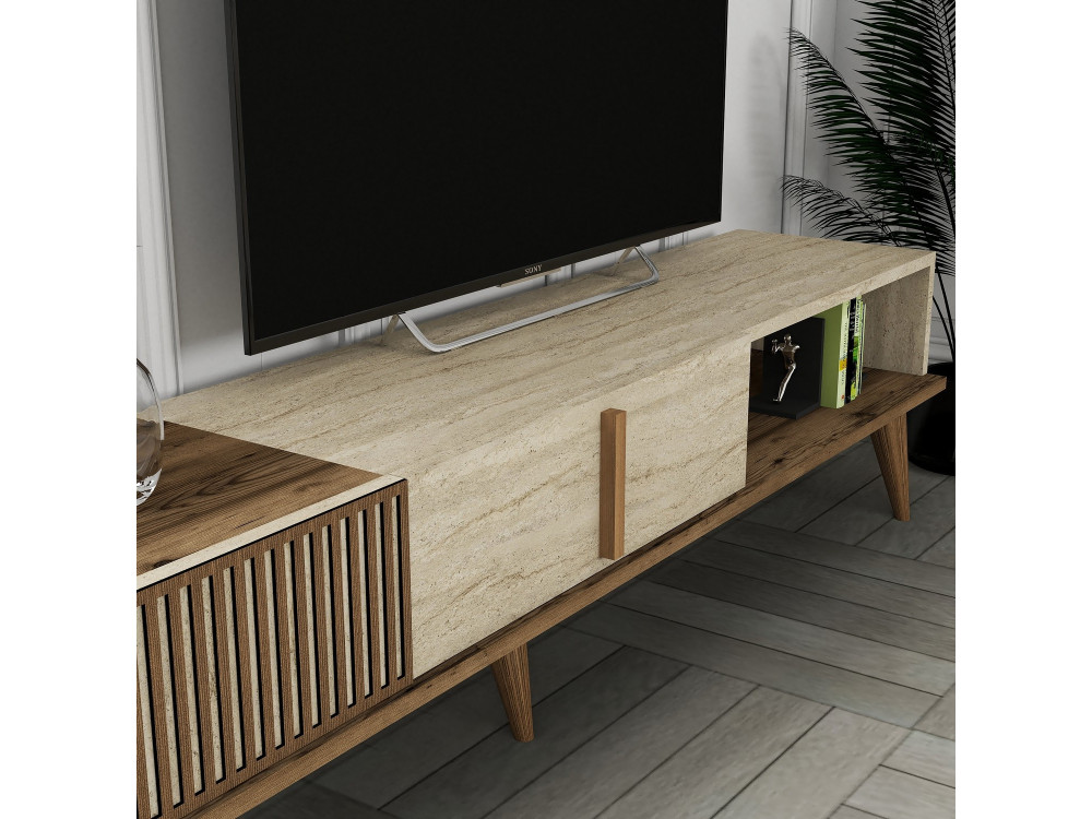 TV-Möbel aus Holz "Milan" - 180 x 35 x 40 cm - Nussbaum, Travertin