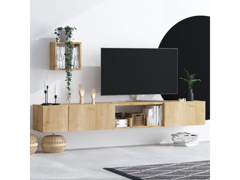TV-Möbel mit Wandregal aus Holz "Avior" - 180 x 32 x 25 cm - Beige