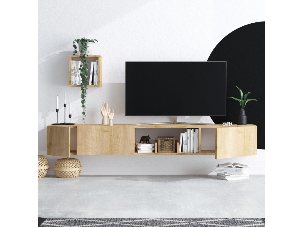 TV-Möbel mit Wandregal aus Holz "Avior" - 180 x 32 x 25 cm - Beige