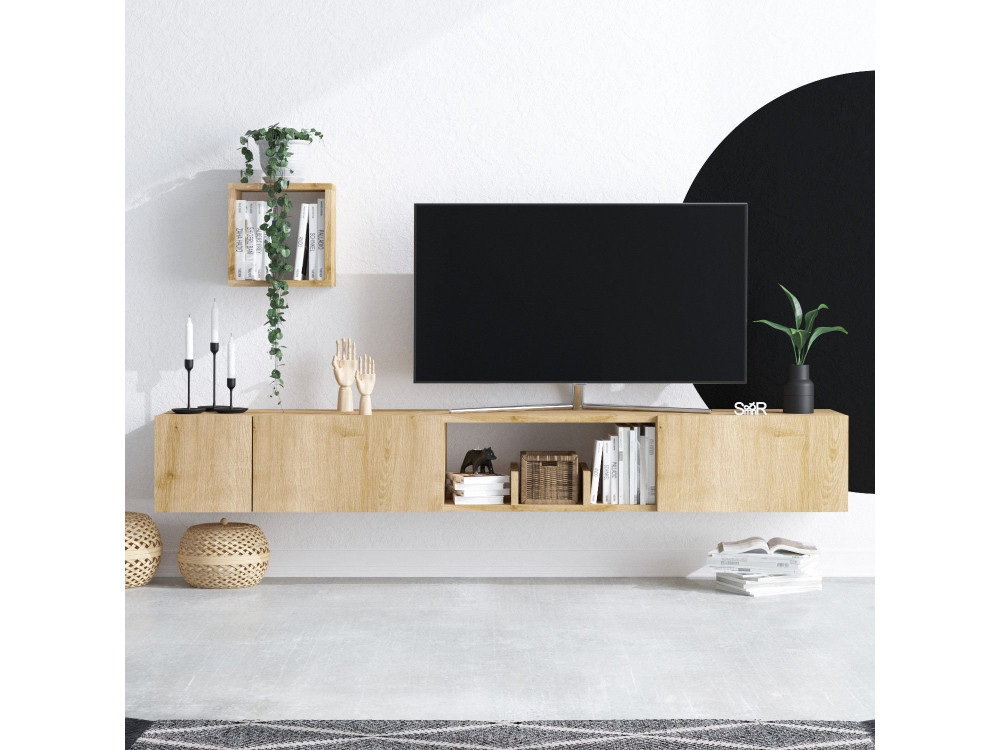 TV-Möbel mit Wandregal aus Holz "Avior" - 180 x 32 x 25 cm - Beige
