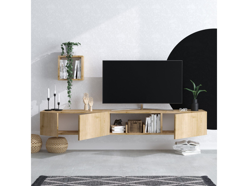 TV-Möbel mit Wandregal aus Holz "Avior" - 180 x 32 x 25 cm - Beige