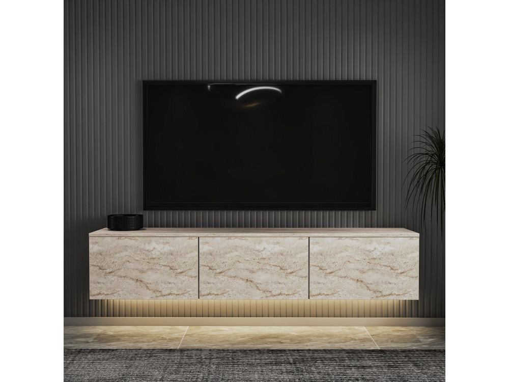 Hänge-TV-Möbel aus Holz mit LED-Beleuchtung "Neon illuminated" - 160 x 32 x 35 cm - Travertin