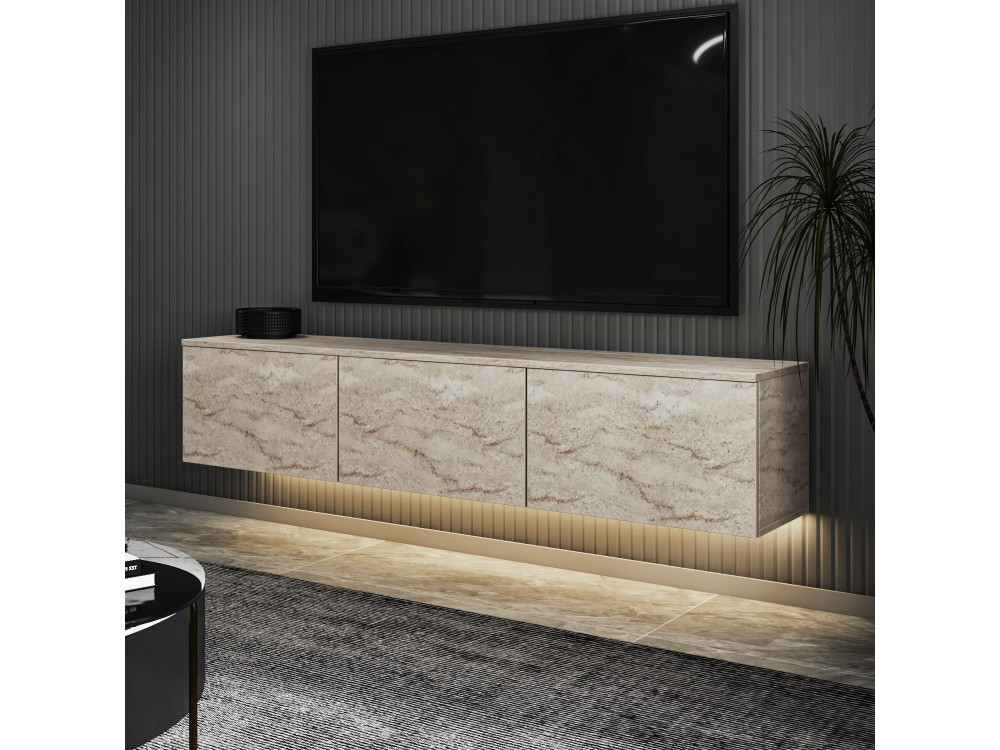 Hänge-TV-Möbel aus Holz mit LED-Beleuchtung "Neon illuminated" - 160 x 32 x 35 cm - Travertin