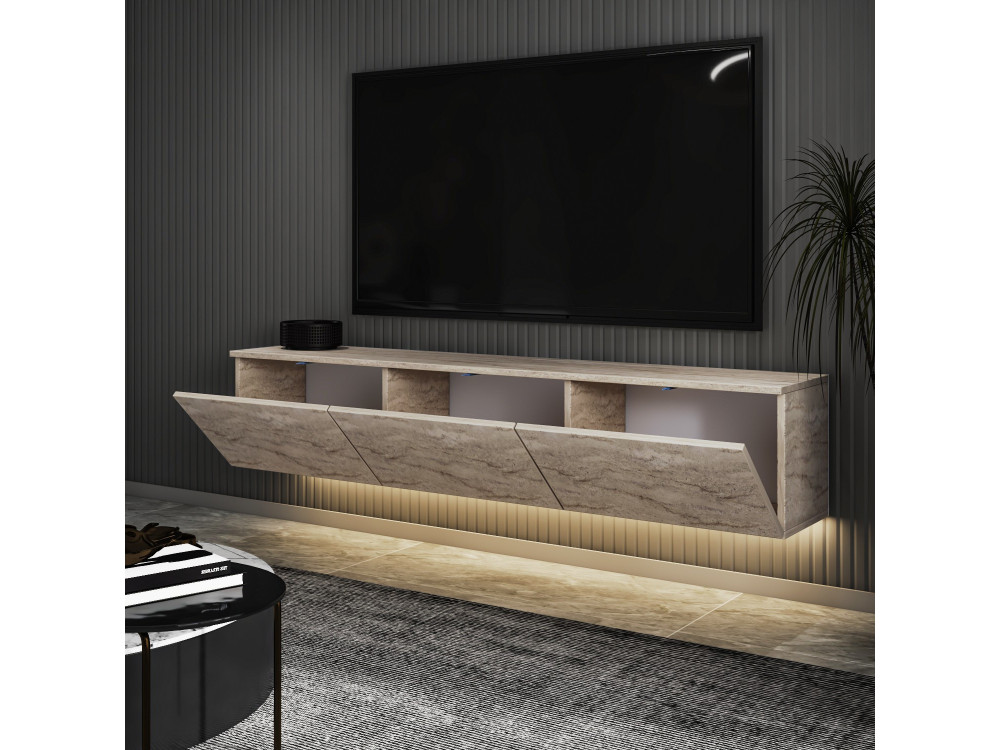 Hänge-TV-Möbel aus Holz mit LED-Beleuchtung "Neon illuminated" - 160 x 32 x 35 cm - Travertin