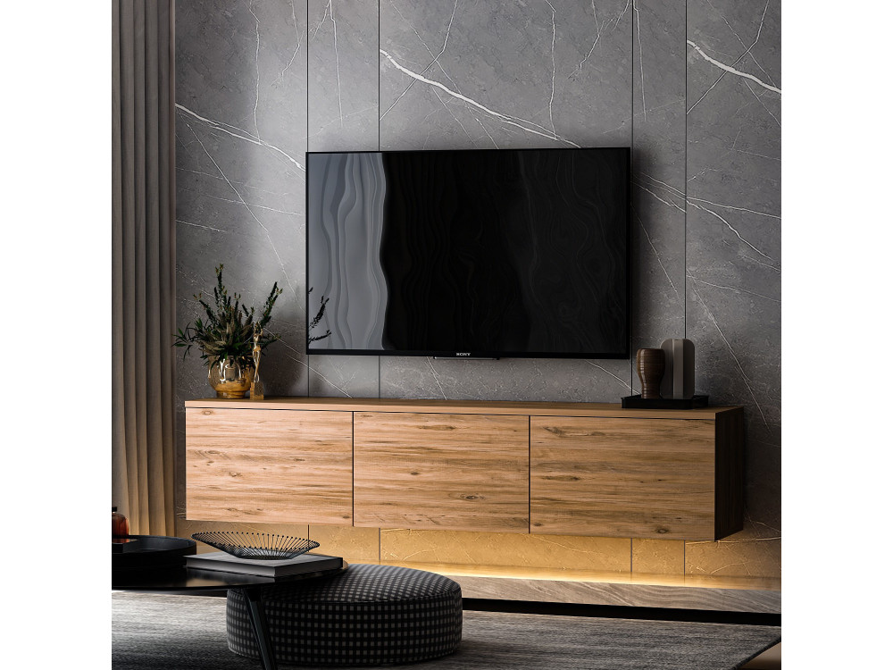 Hänge-TV-Möbel aus Holz mit LED-Beleuchtung "Neon illuminated" - 160 x 32 x 35 cm - Braun