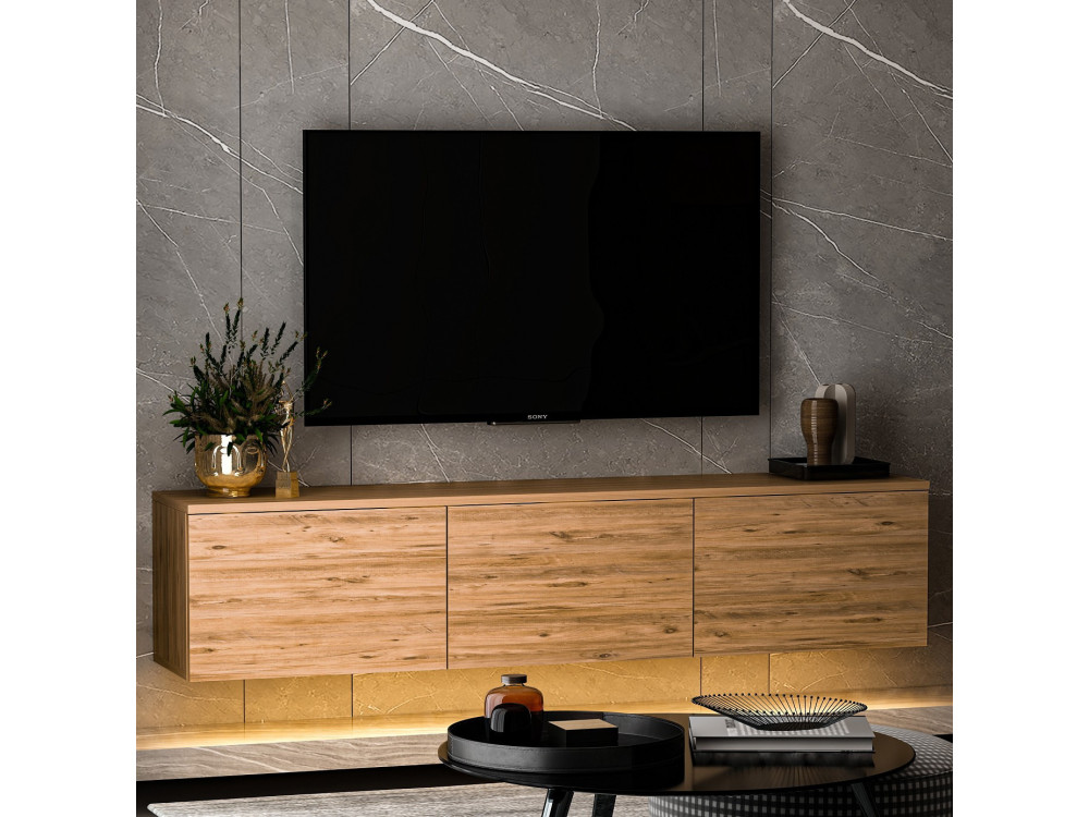 Hänge-TV-Möbel aus Holz mit LED-Beleuchtung "Neon illuminated" - 160 x 32 x 35 cm - Braun