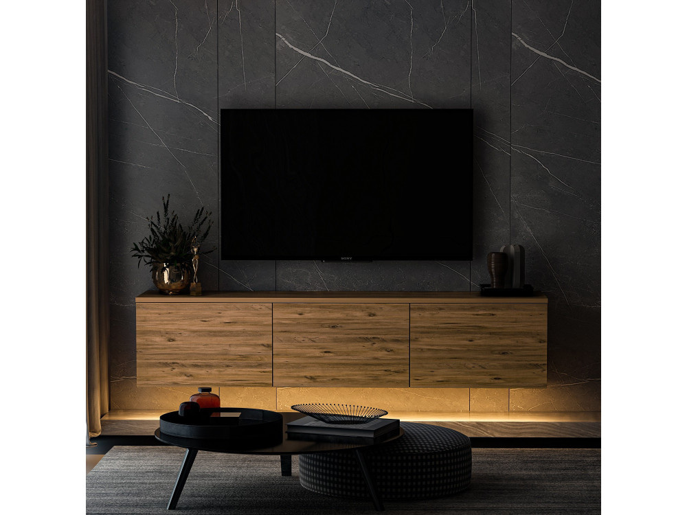 Hänge-TV-Möbel aus Holz mit LED-Beleuchtung "Neon illuminated" - 160 x 32 x 35 cm - Braun