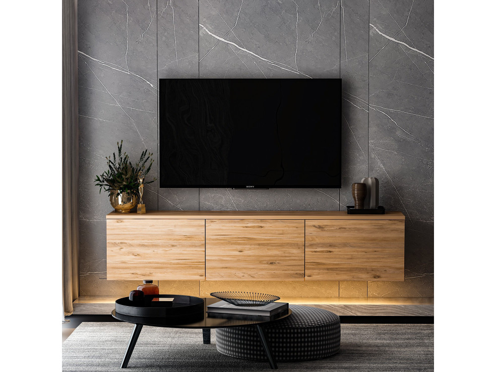 Hänge-TV-Möbel aus Holz mit LED-Beleuchtung "Neon illuminated" - 160 x 32 x 35 cm - Braun