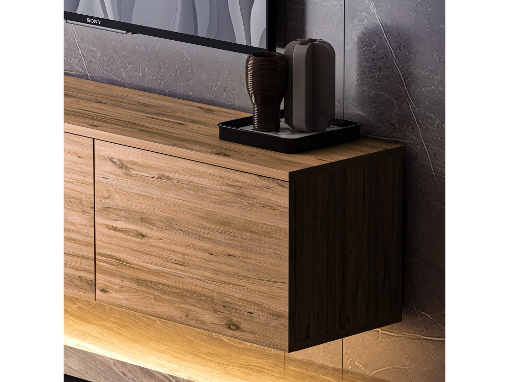 Hänge-TV-Möbel aus Holz mit LED-Beleuchtung "Neon illuminated" - 160 x 32 x 35 cm - Braun