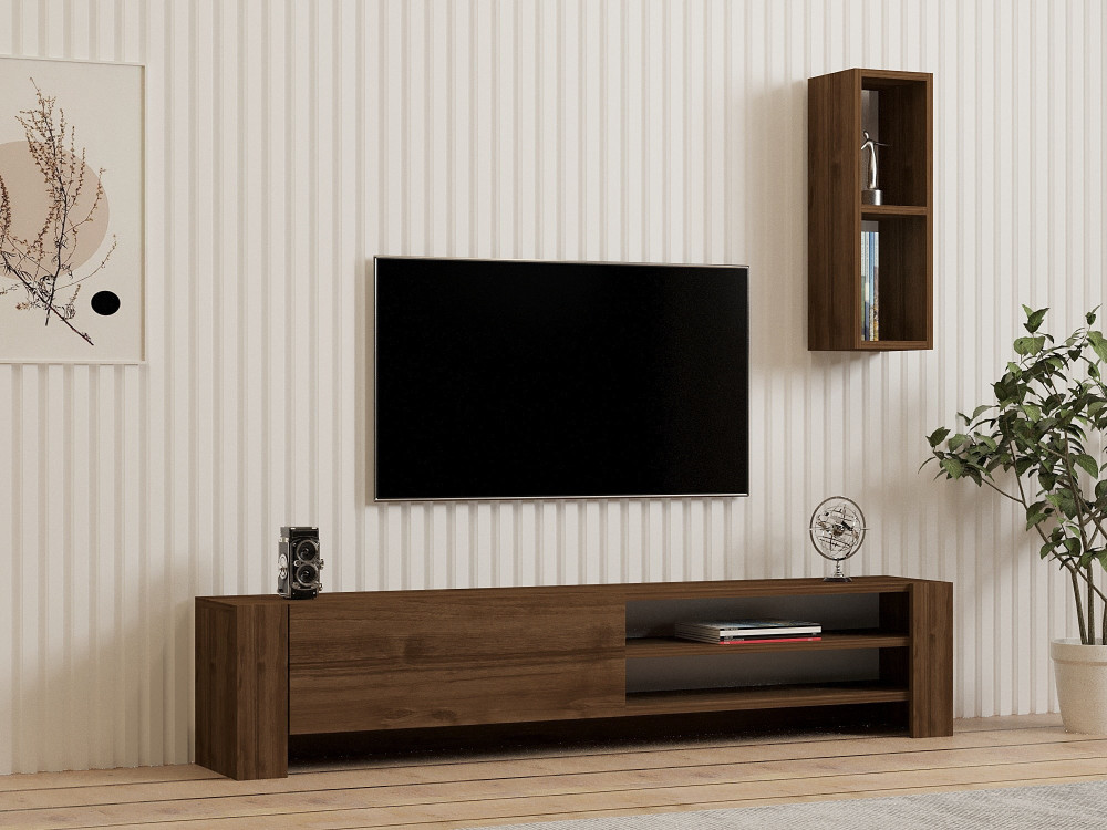 TV-Möbel mit Wandregal aus Holz "Naz" - 160 x 26 x 33 cm - Braun