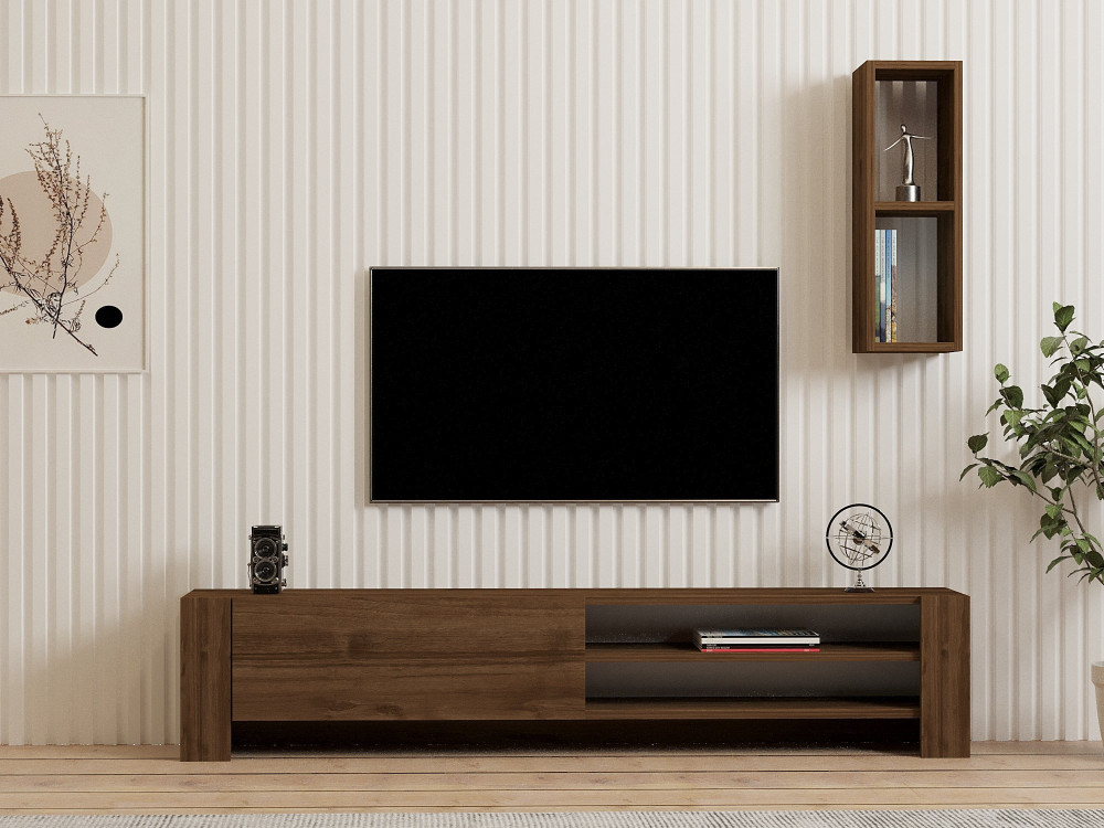 TV-Möbel mit Wandregal aus Holz "Naz" - 160 x 26 x 33 cm - Braun