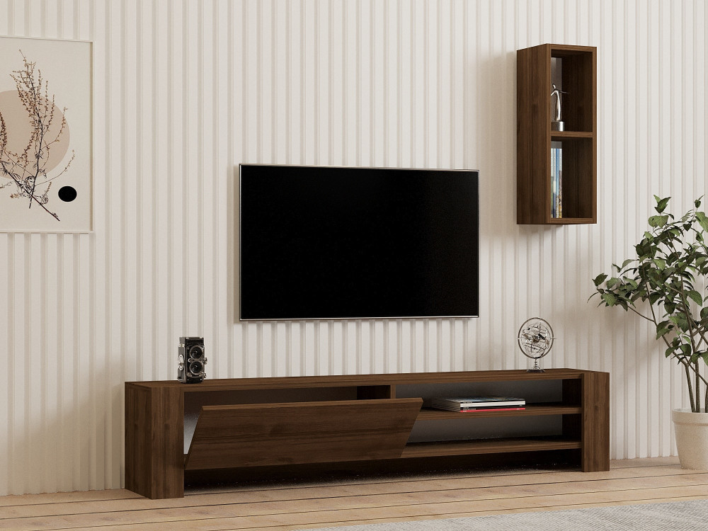 TV-Möbel mit Wandregal aus Holz "Naz" - 160 x 26 x 33 cm - Braun