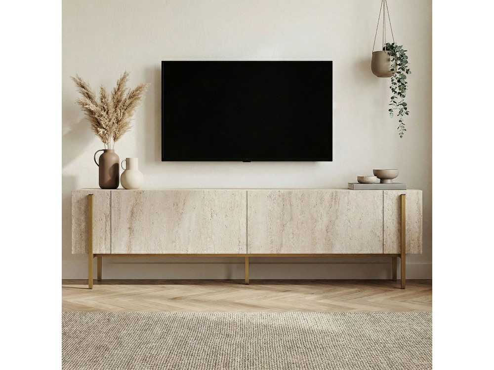 TV-Möbel aus Holz "Nexus" - 180 x 30 x 45 cm - Travertin / Gold