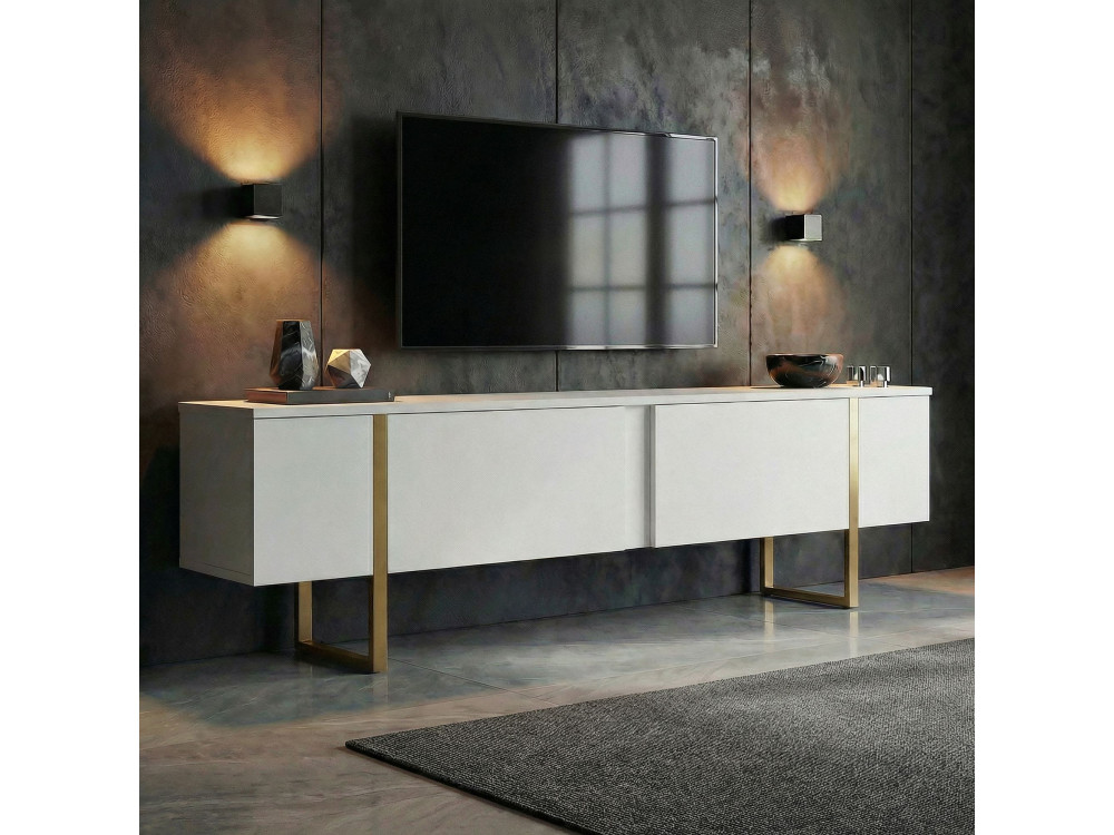 TV-Möbel aus Holz "Onera" - 180 x 30 x 50 cm - Weiß / Gold