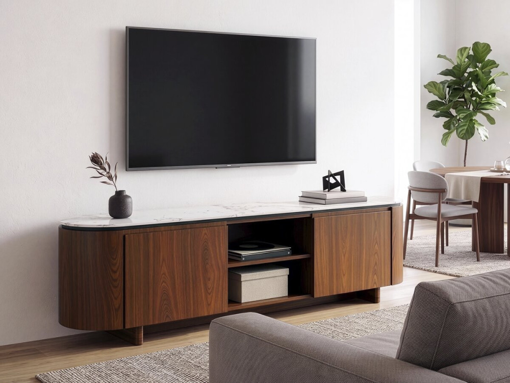 TV-Möbel aus Holz mit Keramikplatte "Stonea" - 200 x 40 x 55 cm - Braun