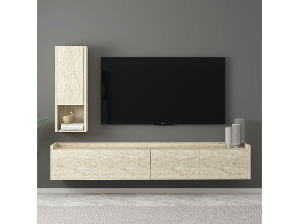 TV-Möbel mit Wandregal aus Holz "Sema" - 160 x 30 x 35 cm - Travertin