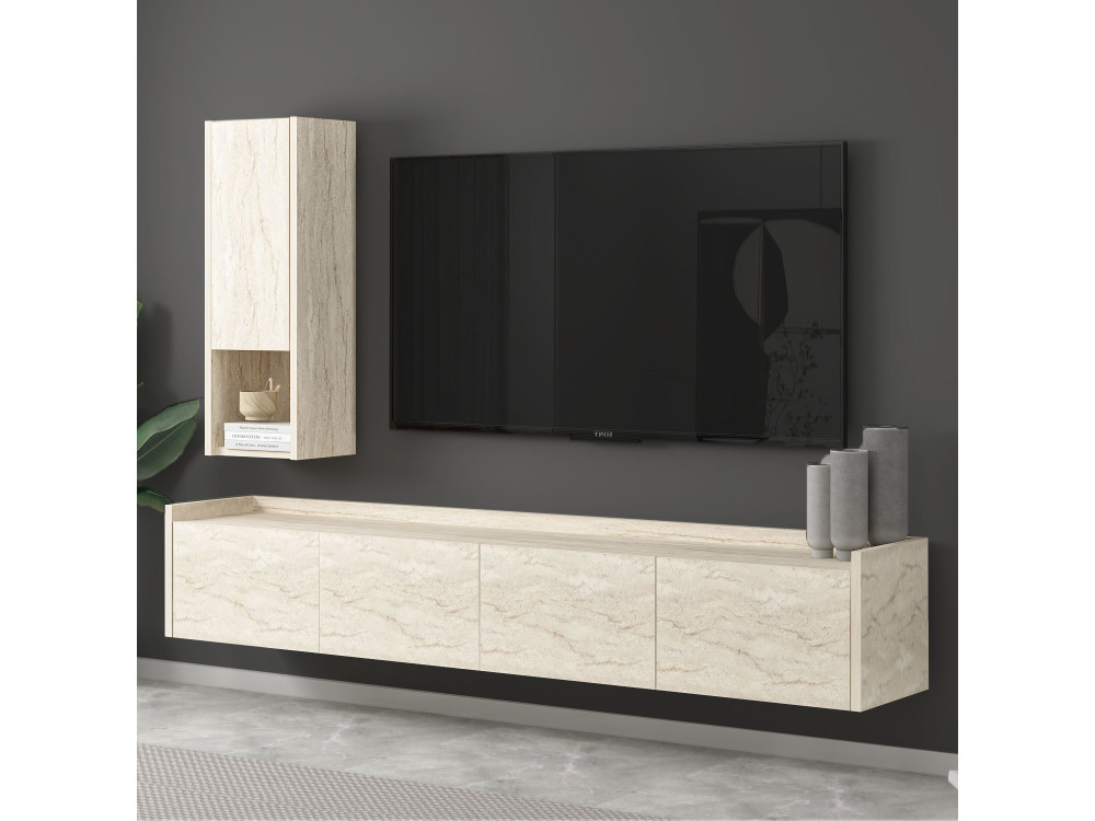 TV-Möbel mit Wandregal aus Holz "Sema" - 160 x 30 x 35 cm - Travertin